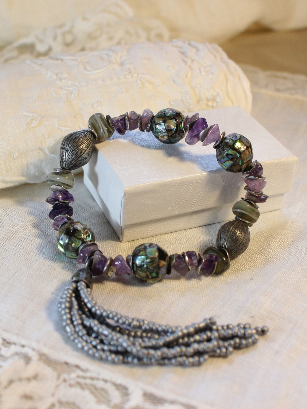 Whimsigoth Purple Artisan Stretchy Beaded Bracelet with Gray Tassel
